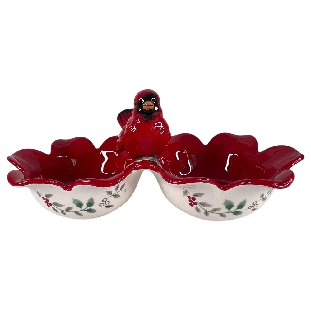 Pfaltzgraff Winterberry 2 Section Cardinal Server Bowl Snack Candy Dish Xmas